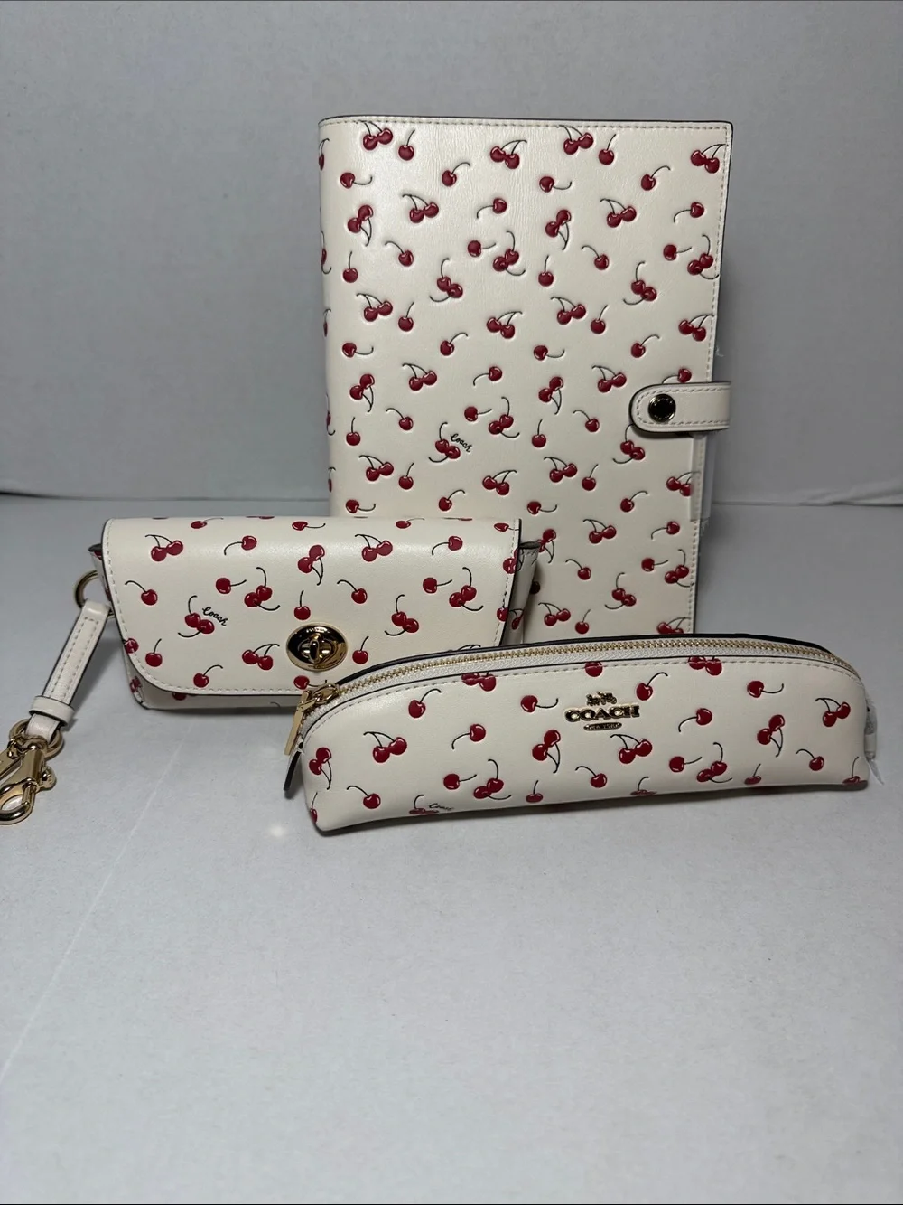 Coach Cream Cherry Print Trio Notebook, Pencil Case & Sunglasses Case